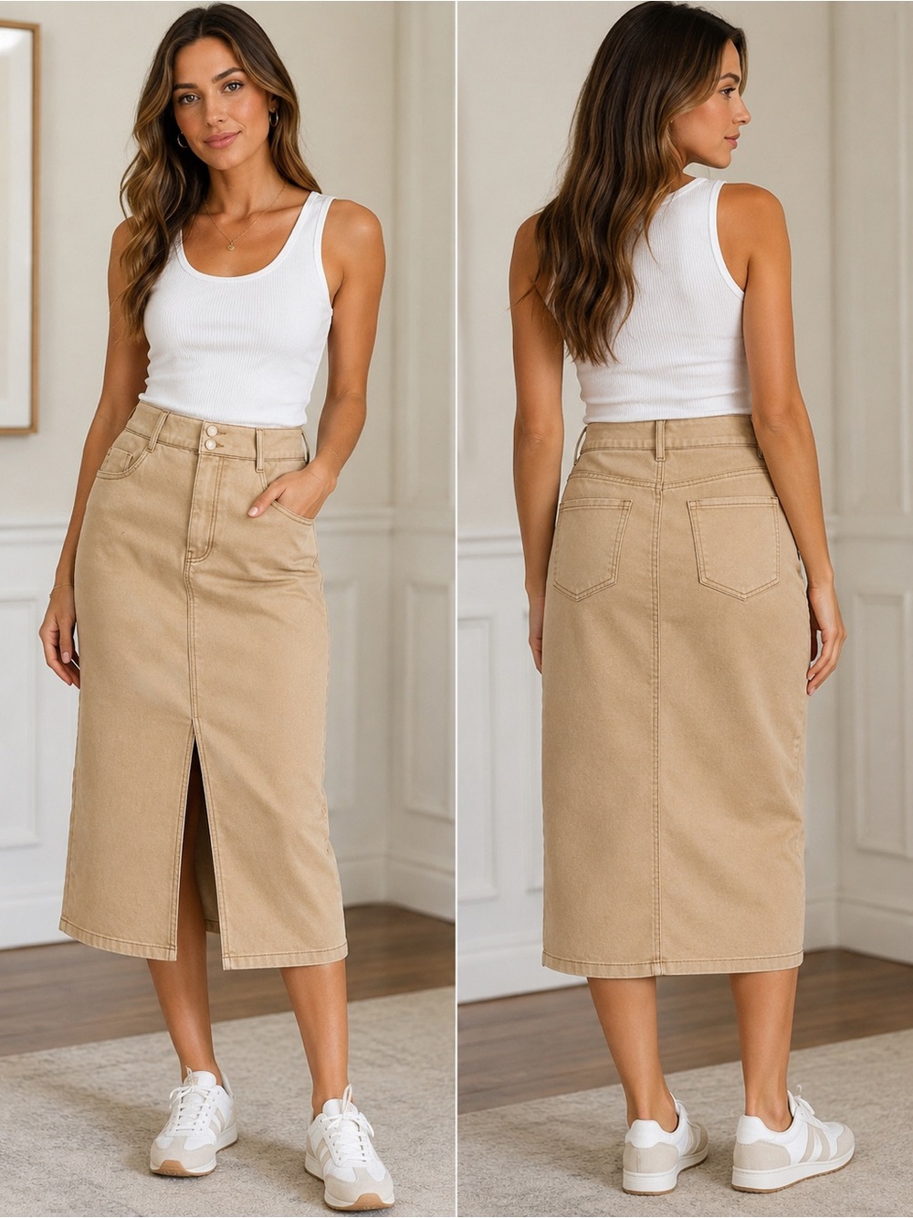 RD Style Tan High-Waist Midi Skirt with Front Slit